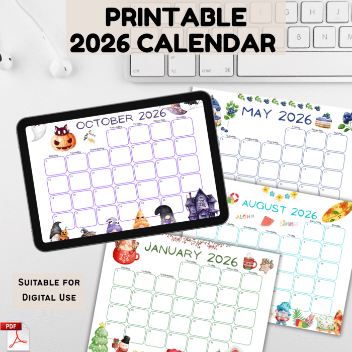 Printable 2026 Calendar on digital tablet with October page