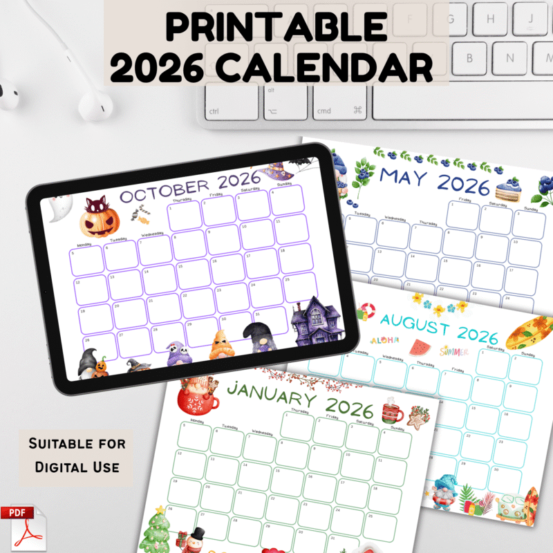 Printable 2026 Calendar - Cute Gnomes - Printable Works