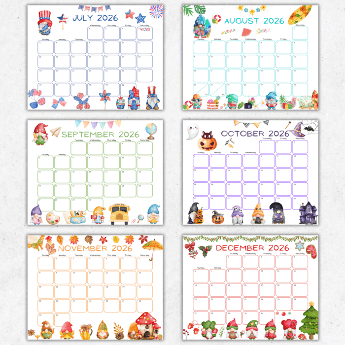 July to December gnome-themed monthly calendars 2026