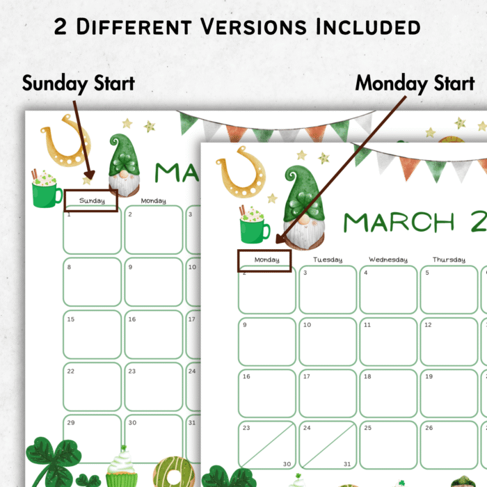 Printable calendar with Monday and Sunday start option