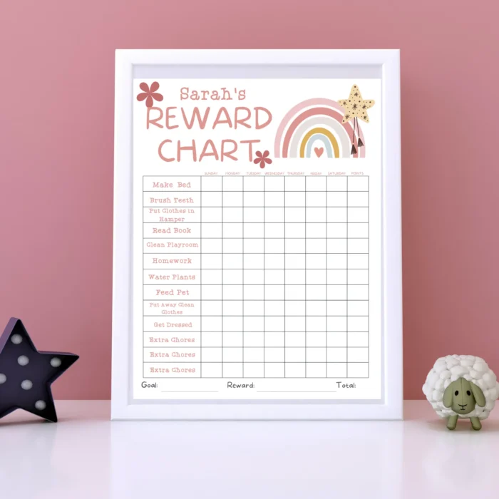Reward Chart for Kids in white frame with daily tasks and pastel color theme