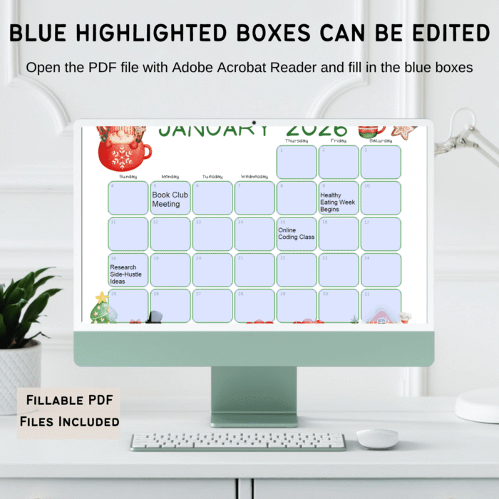 January 2026 calendar shown on desktop with editable fields