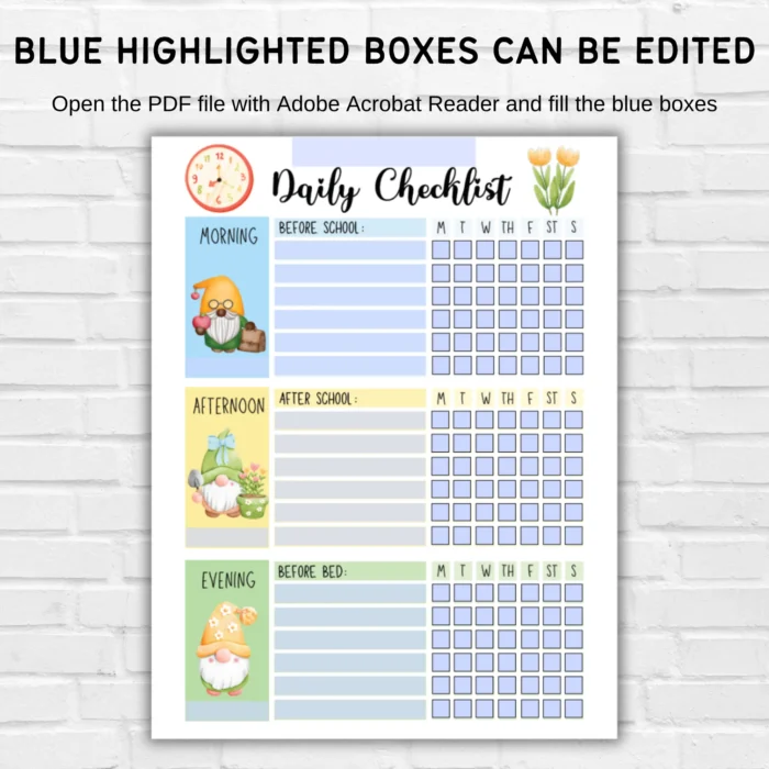 Fillable kids daily routine tracker in A4 and US Letter sizes