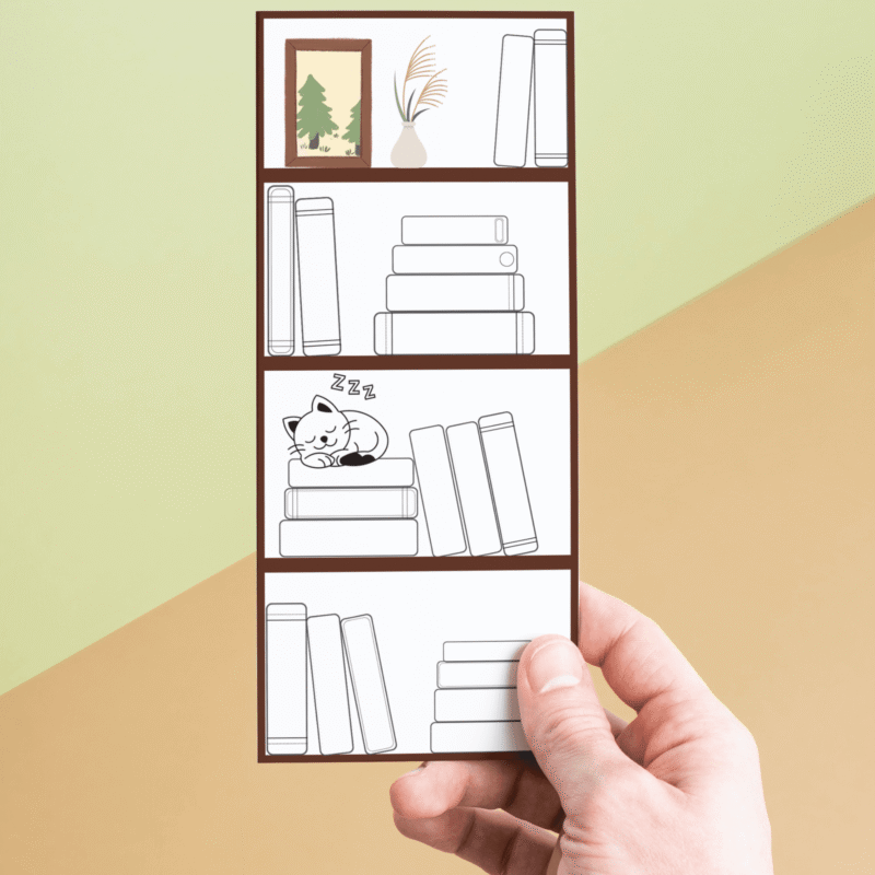 Printable bookshelf tracker bookmark with blank book spines.