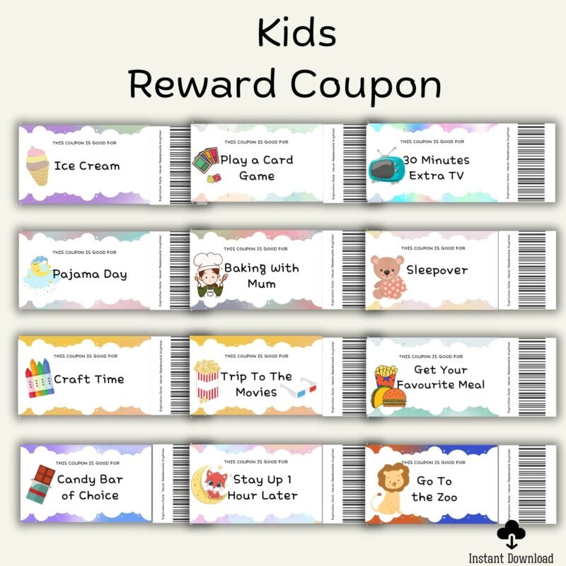 Printable Kids Reward Coupons, Editable Reward Coupons, Pre-Filled Rewards Coupons, Blank Editable Template, Good Behavior, Love Coupons