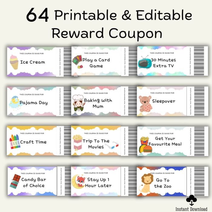 64 Printable & Editable Reward Coupons for Kids - Image 2