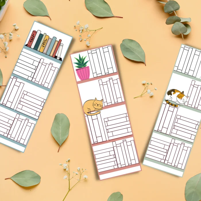 Printable Reading Tracker Bookmark with bookshelf illustration