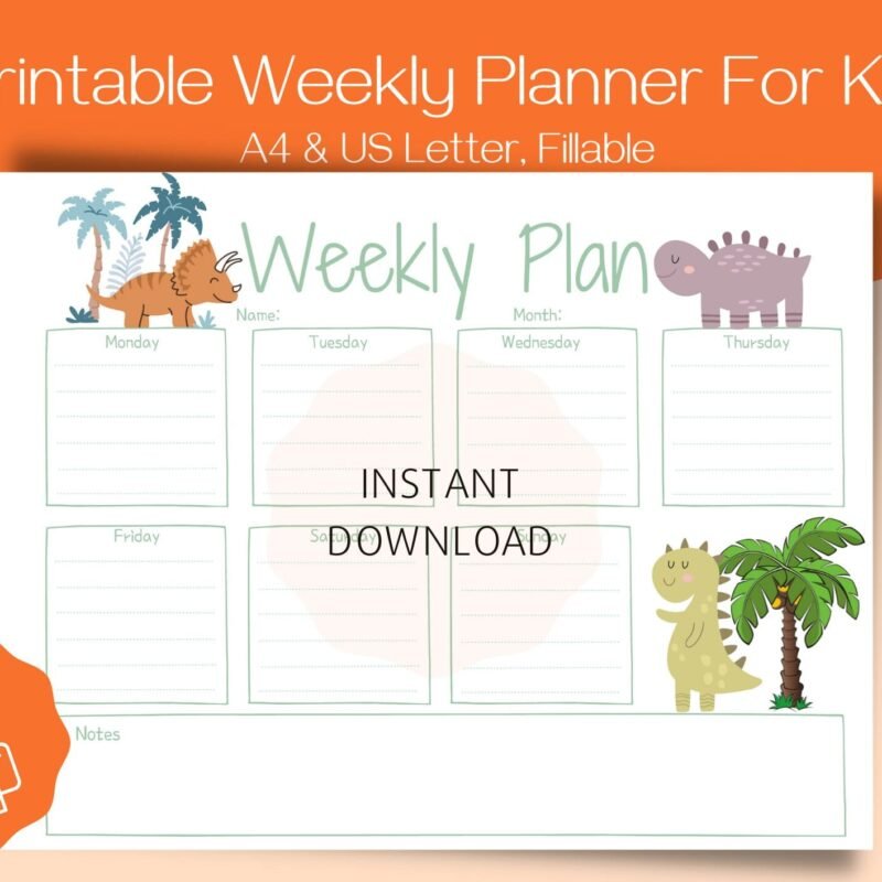 Dinosaur Themed Kids Weekly Planner