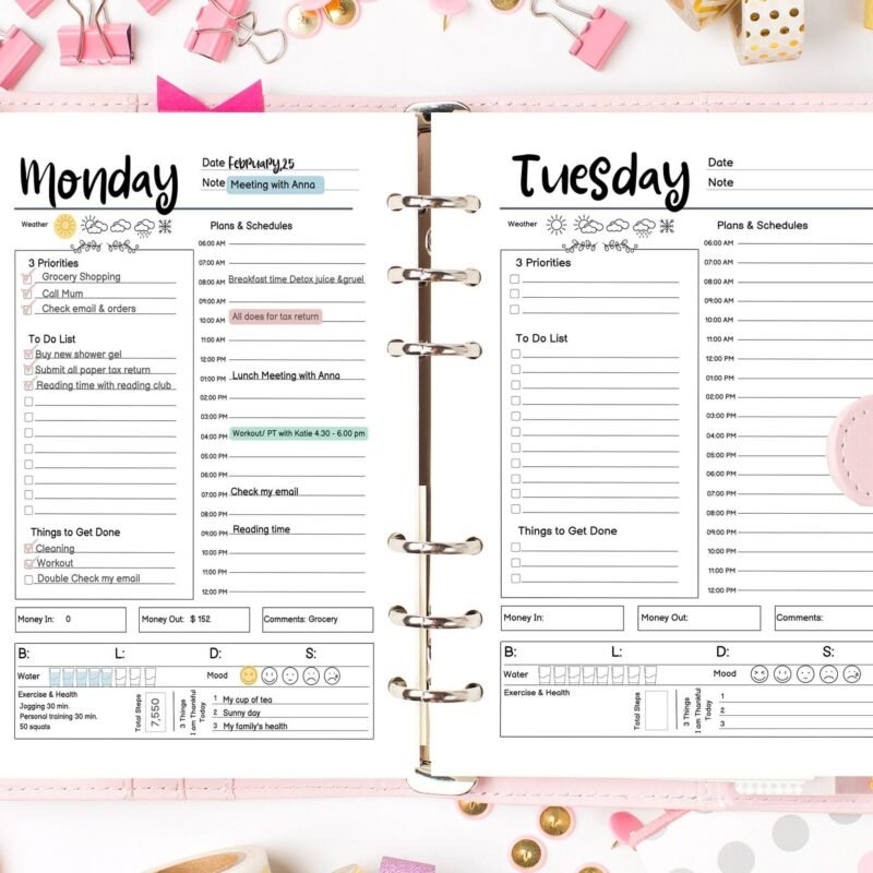 Editable 7 Day Planner Printable â€“ Monday and Tuesday layout in A4, A5, US Letter, Half Letter.
