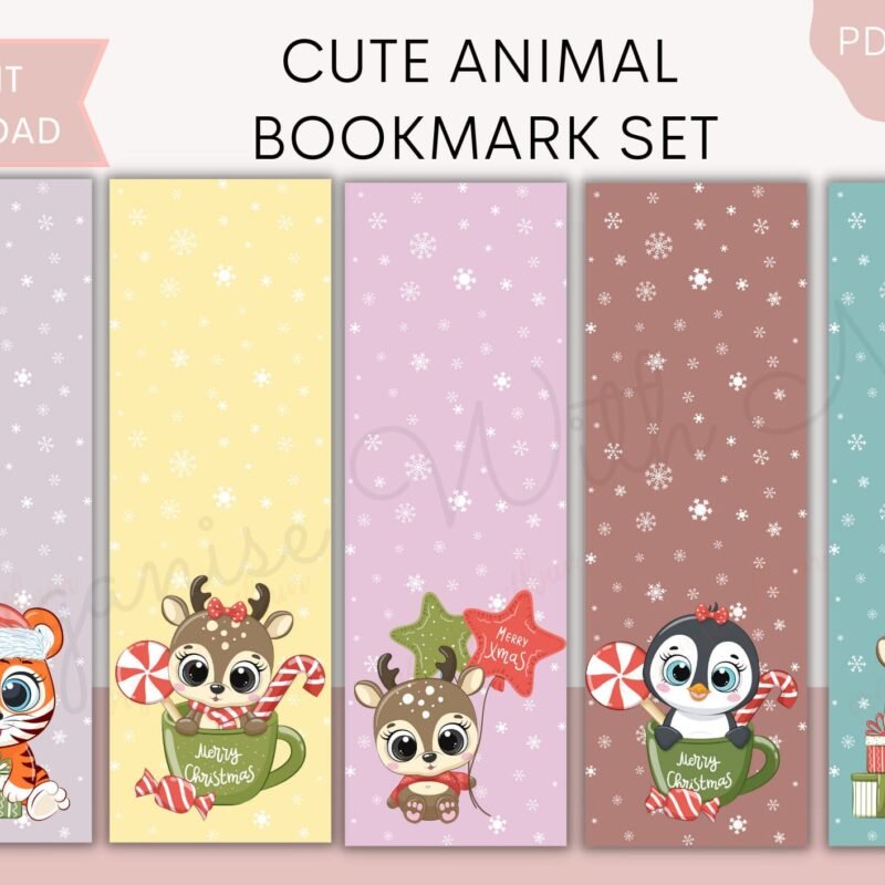 Cute Animal Bookmark Set â€“ Christmas theme, Printable