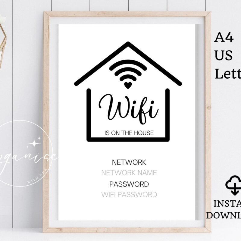 Editable Wifi Password Sign â€“ Minimalist modern design, editable PDF, A4 & US Letter sizes.