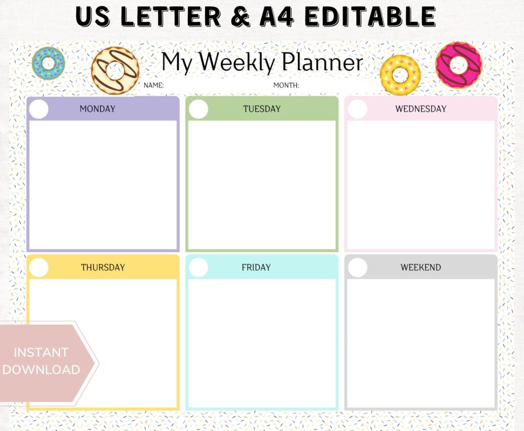 Kids Weekly Planner with Donuts - Printable Works