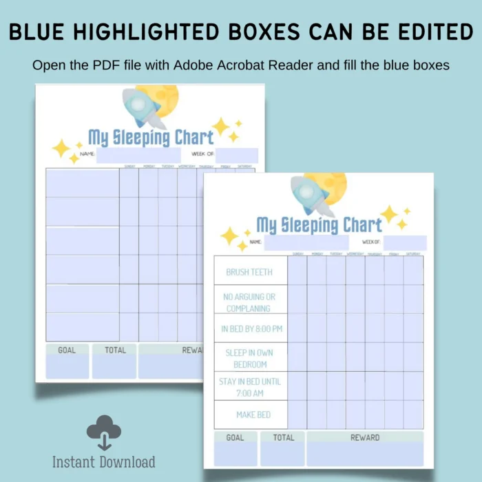 Fillable Sleep Routine Chart for Kids PDF with blue editable fields highlighted.