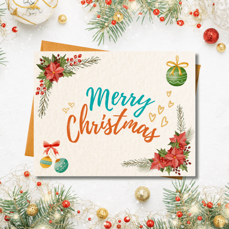 Elegant Christmas Card with Poinsettia & Ornaments