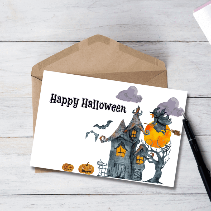 Halloween Card with The Haunted House and Witch