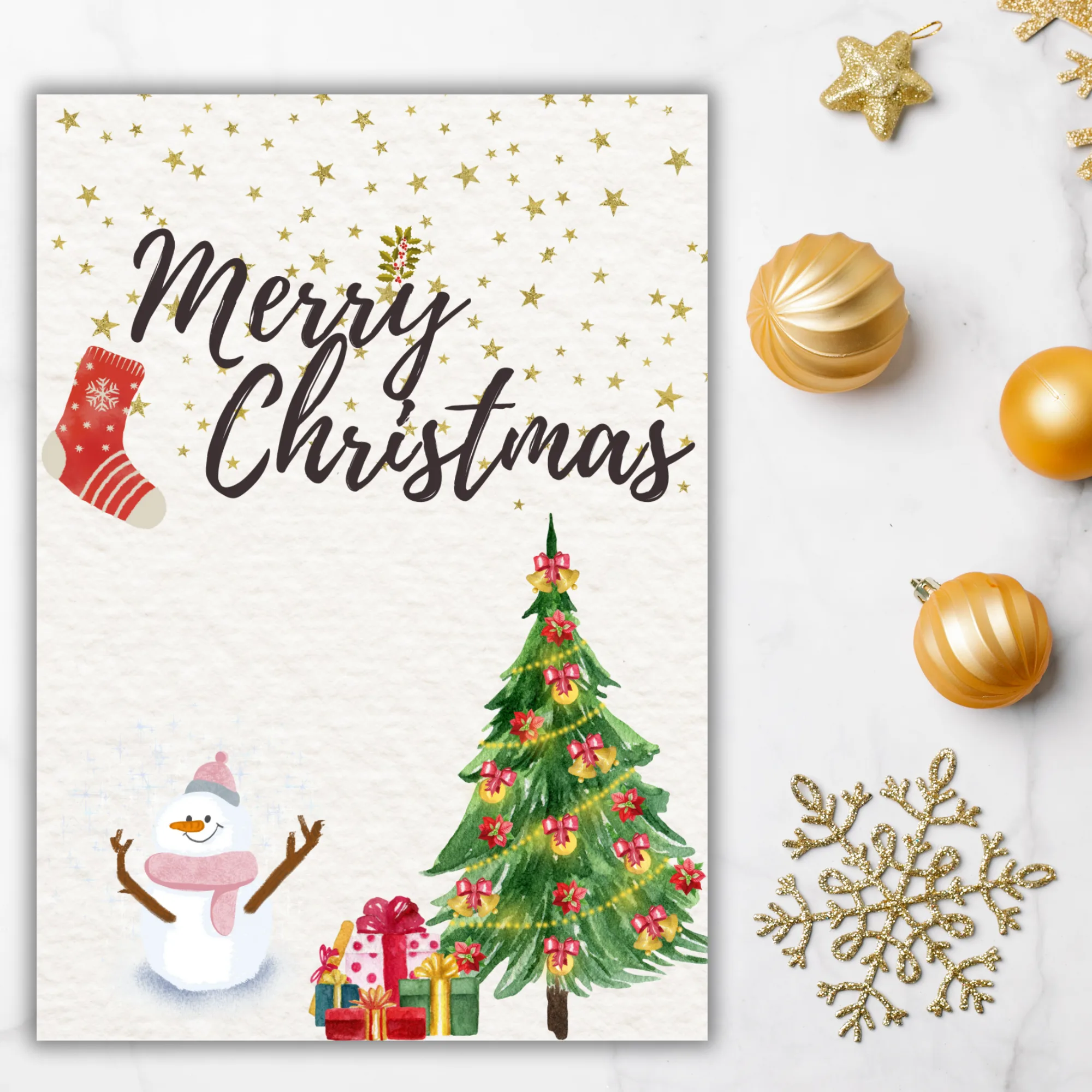 Watercolor Christmas Card ? Cute Snowman, Tree & Gifts - Image 3