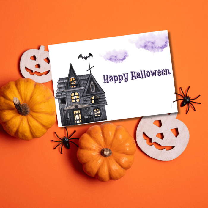 Printable Halloween Card with Haunted House & Bat Design - Image 4