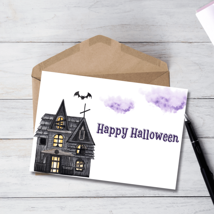 Printable Halloween Card with Haunted House & Bat Design - Image 2