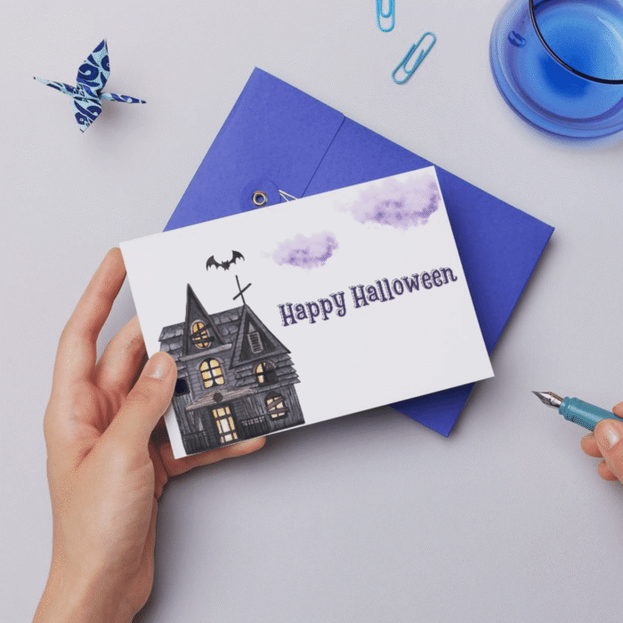 Printable Halloween Card with Haunted House & Bat Design - Image 5