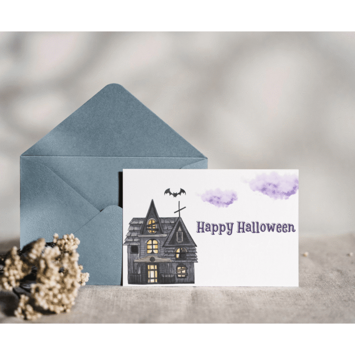Printable Halloween Card with Haunted House & Bat Design - Image 6