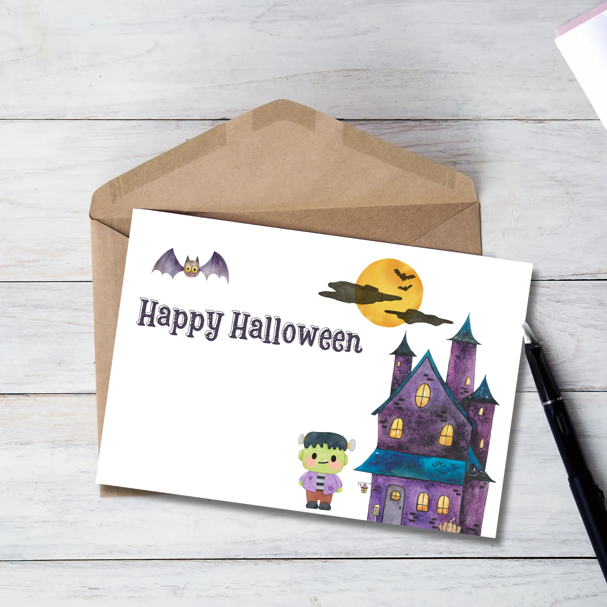 Halloween Card with Cute Frankenstein and Castle - Image 2