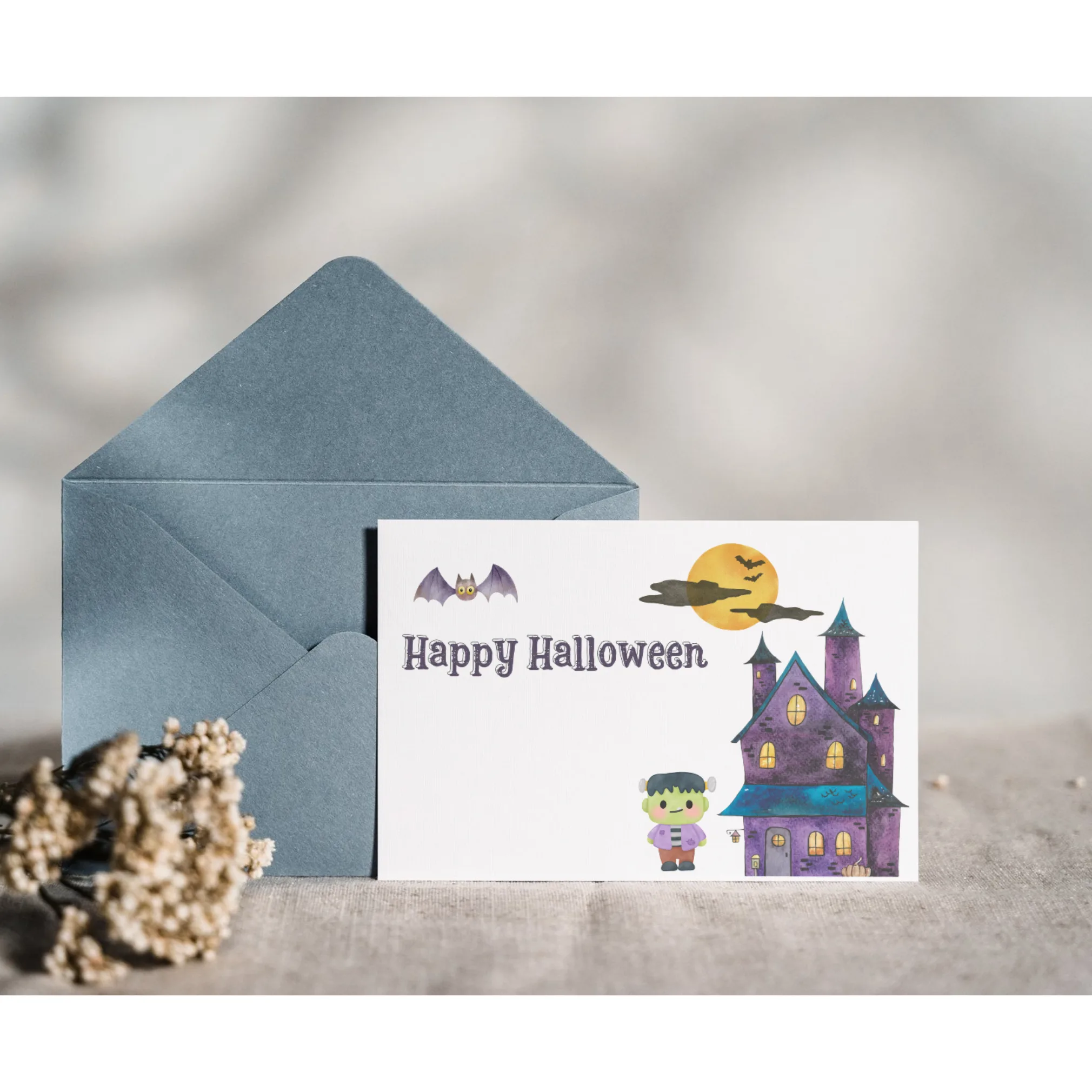 Halloween Card with Cute Frankenstein and Castle - Image 8