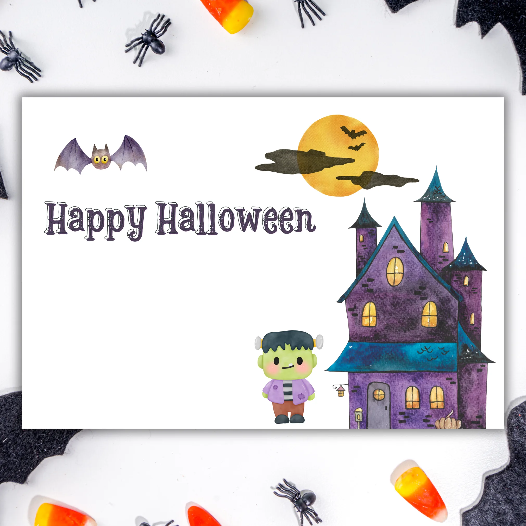 Halloween Card with Cute Frankenstein and Castle
