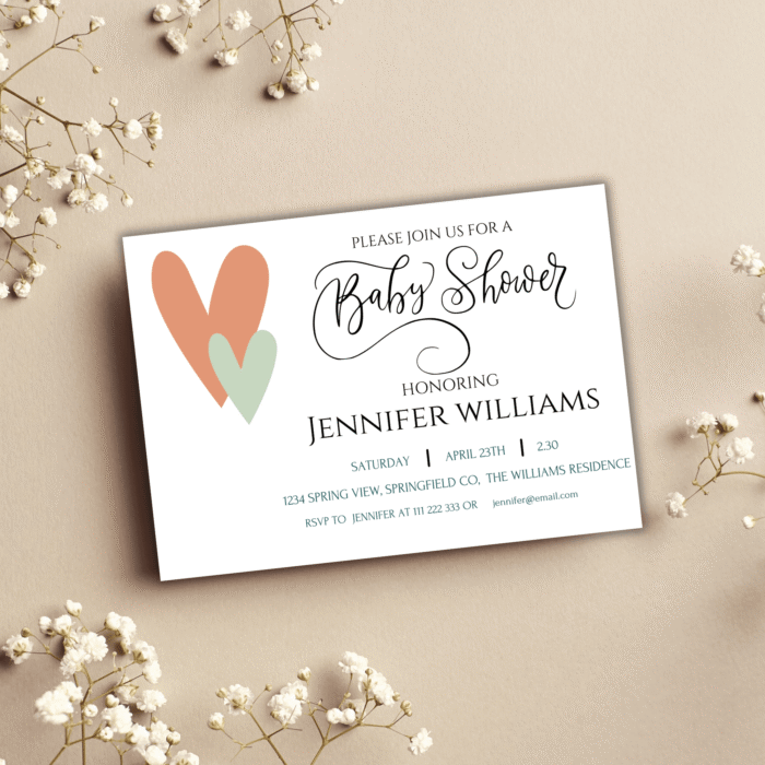Baby Shower Invitation - Printable and Digital Invitation, Heart Themed - Image 2