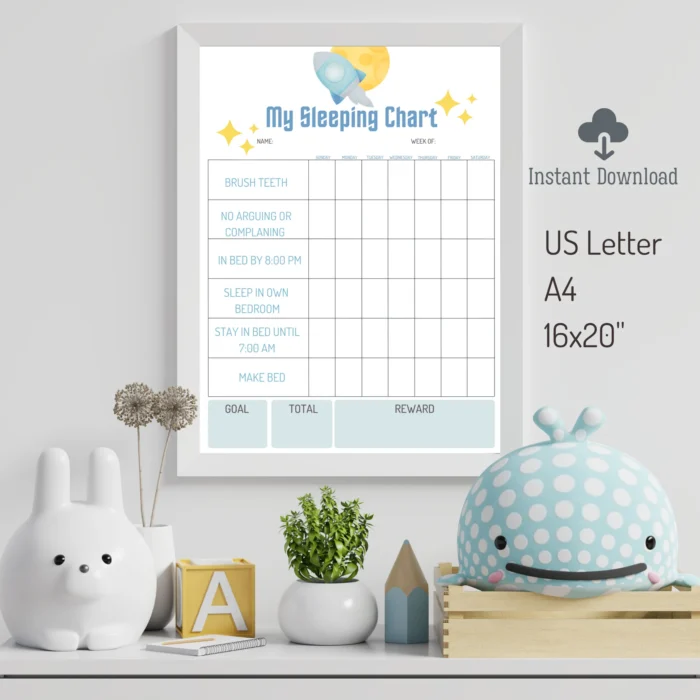 Framed kids sleep tracker chart in a nursery setting.