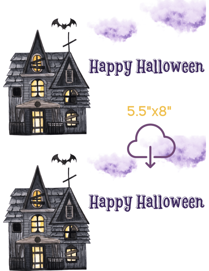 Printable Halloween Card with Haunted House & Bat Design - Image 9