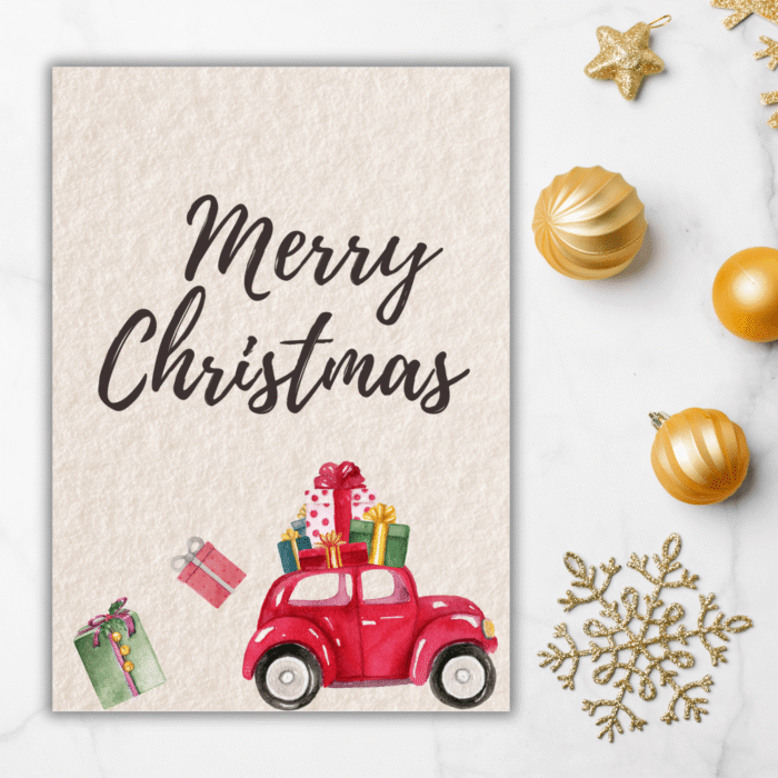 Merry Christmas Card, Vintage Red Car - Image 4