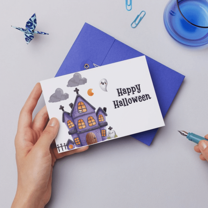 Haunted House Halloween Card - Cute Ghost and Spooky Castle - Image 2