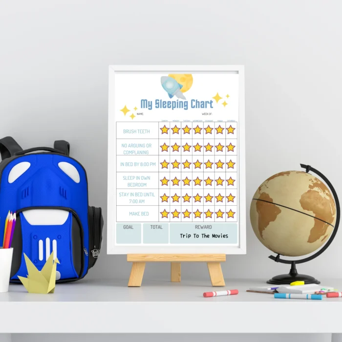 Editable sleep routine chart for kids with stars and rocket illustration.
