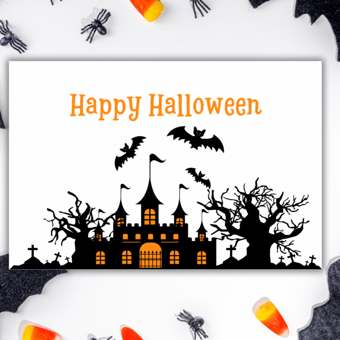 Halloween Card with Spooky Castle & Bats Design, Printable - Image 2