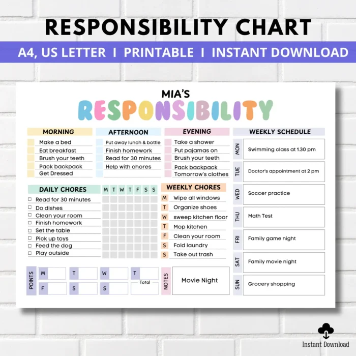 Editable Responsibility Chart for Kids | Printable | Kids Daily Weekly Schedule | Kids Chore List | Kids Daily Routine Checklist | PDF