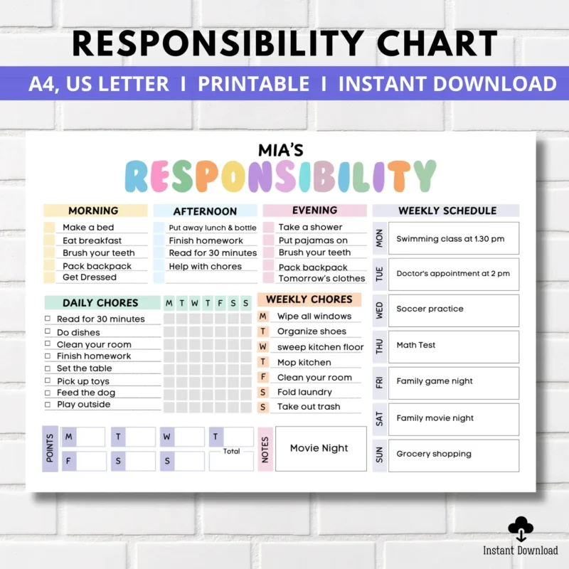 Editable Responsibility Chart for Kids | Printable | Kids Daily Weekly Schedule | Kids Chore List | Kids Daily Routine Checklist | PDF