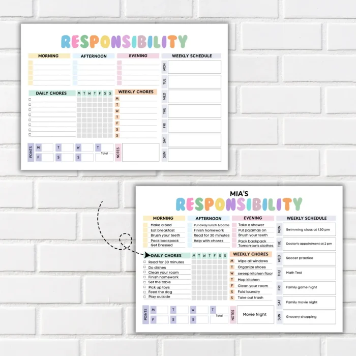 Editable Responsibility Chore Chart for Kids | Printable | Kids Daily Weekly Schedule | Kids Chore List | Kids Daily Routine Checklist | PDF
