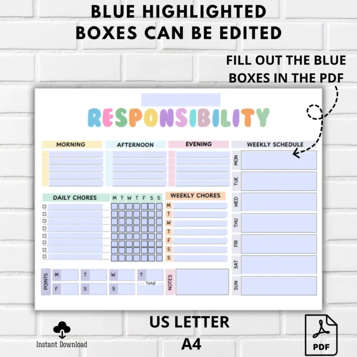 Fillable Responsibility Chore Chart for Kids