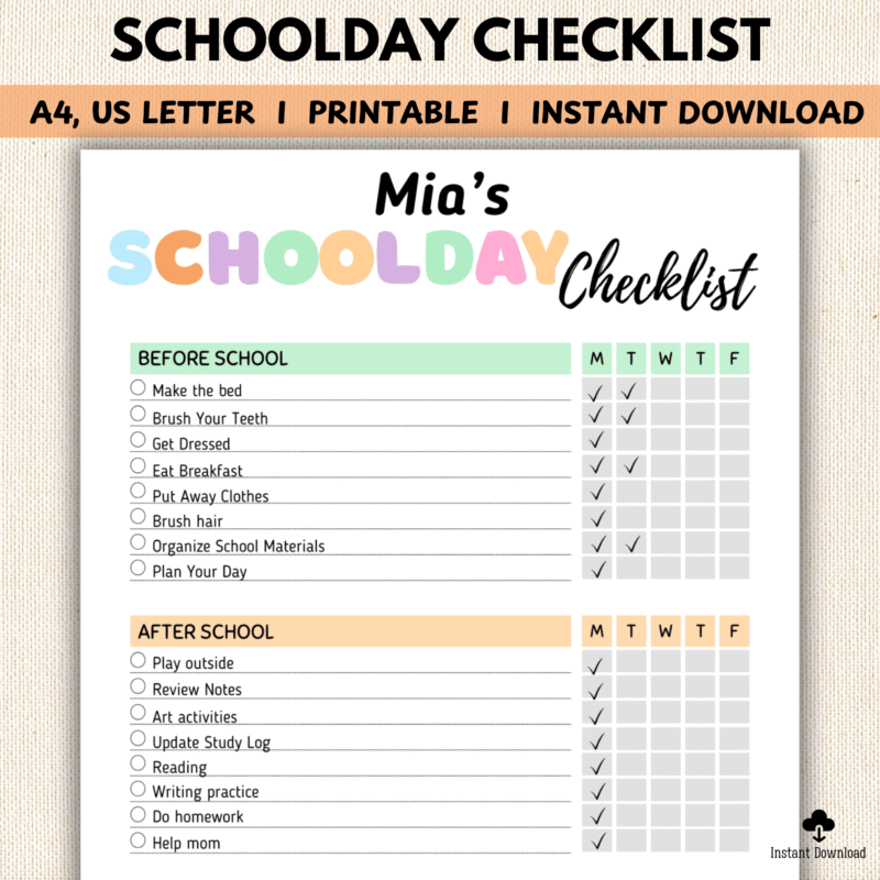 Editable Schoolday Checklist