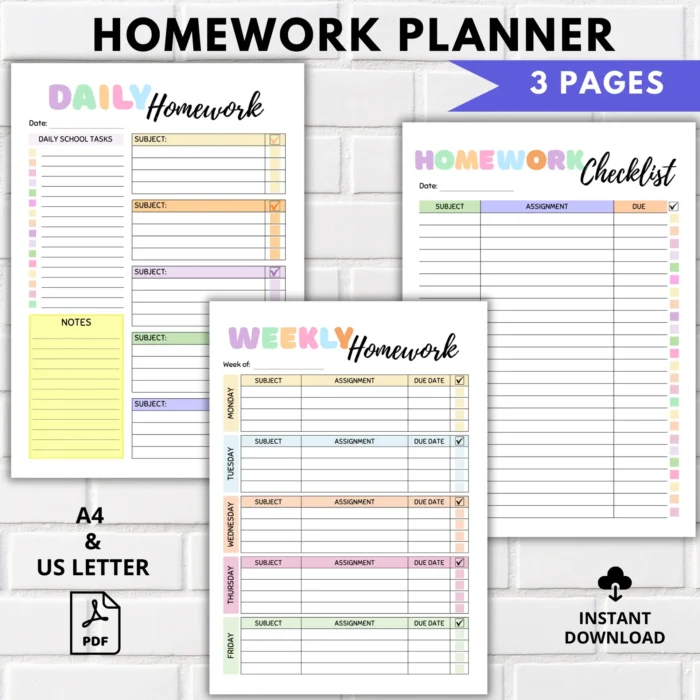 Editable Homework Planner, Homework Checklist