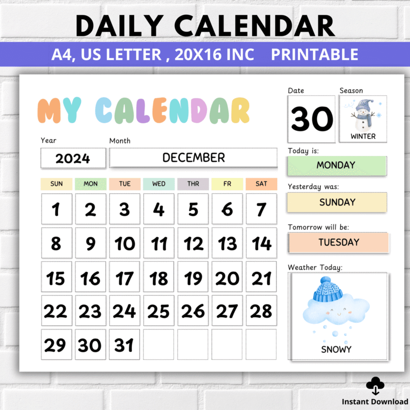 Kids Daily Calendar for Learning Days