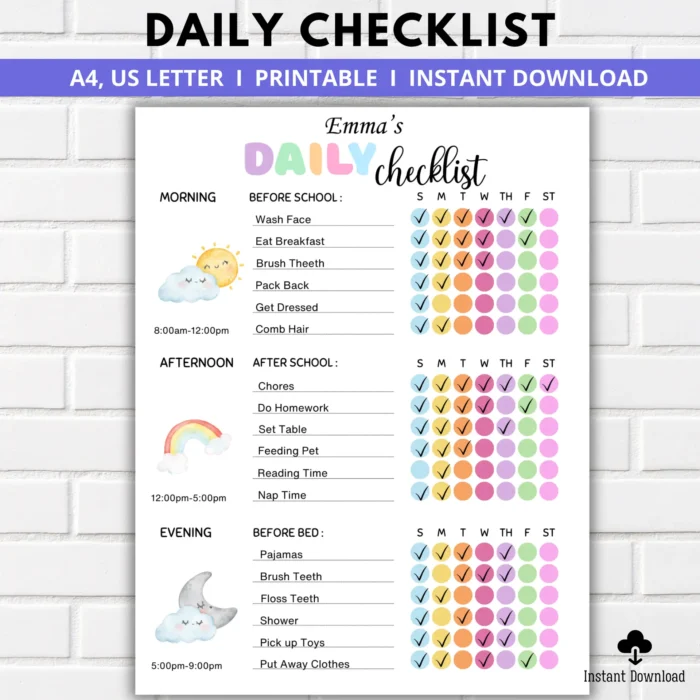Kids Daily Checklist, Responsibility Chart, To Do List, Editable Chore Chart, Printable PDF, Daily Routine, Homeschool Planner, Parenting Tips, Parenting Hacks, Parenting Tools