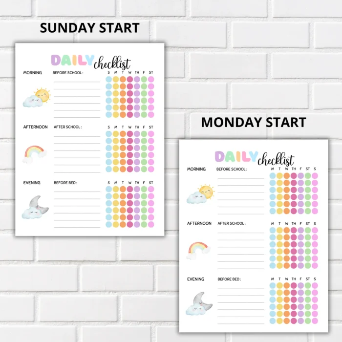 Kids Daily School Checklist, Sunday and Monday Start Options