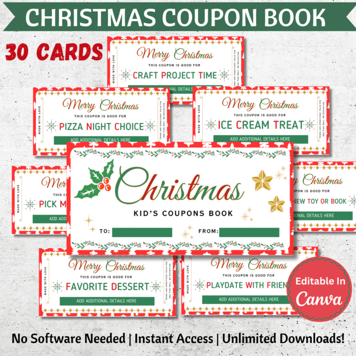 Personalized Kids Christmas Coupon Book, Editable Christmas Coupon, Printable Holiday Gift Coupons, Christmas Activity, Canva Template