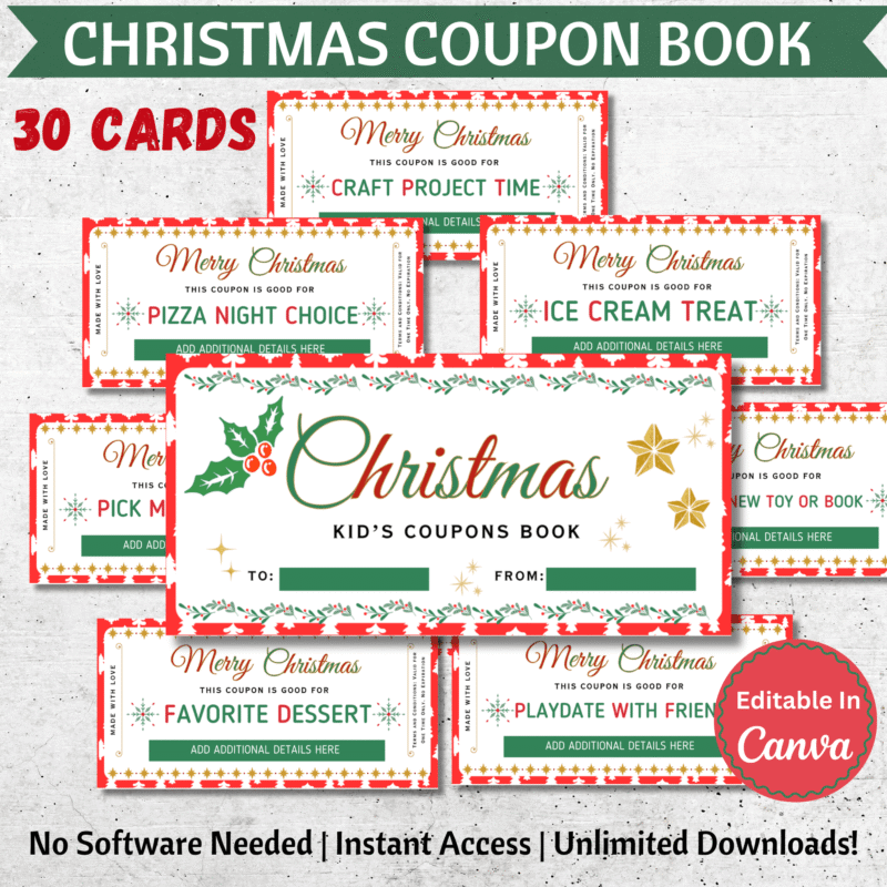 Personalized Kids Christmas Coupon Book, Editable Christmas Coupon, Printable Holiday Gift Coupons, Christmas Activity, Canva Template