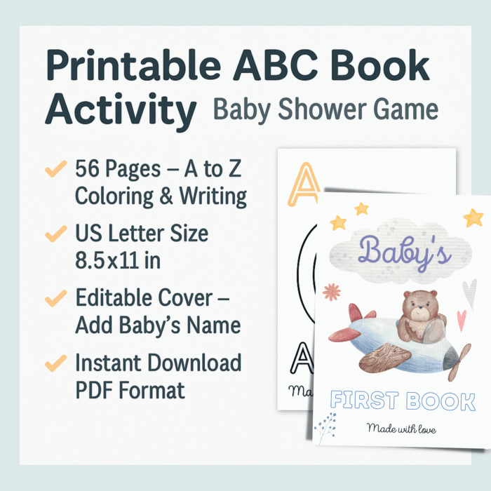 Printable ABC Book for Baby Shower ? 56 Pages A to Z Coloring & Writing Activity - Image 3