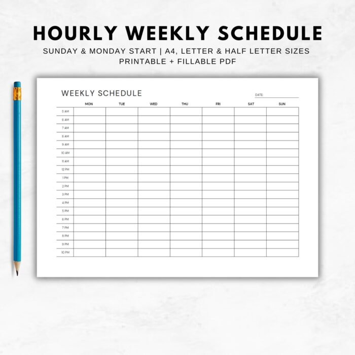 Hourly Weekly Schedule, Printable