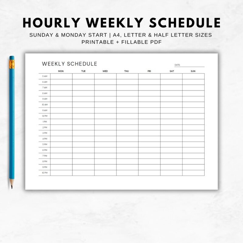 Hourly Weekly Schedule, Printable