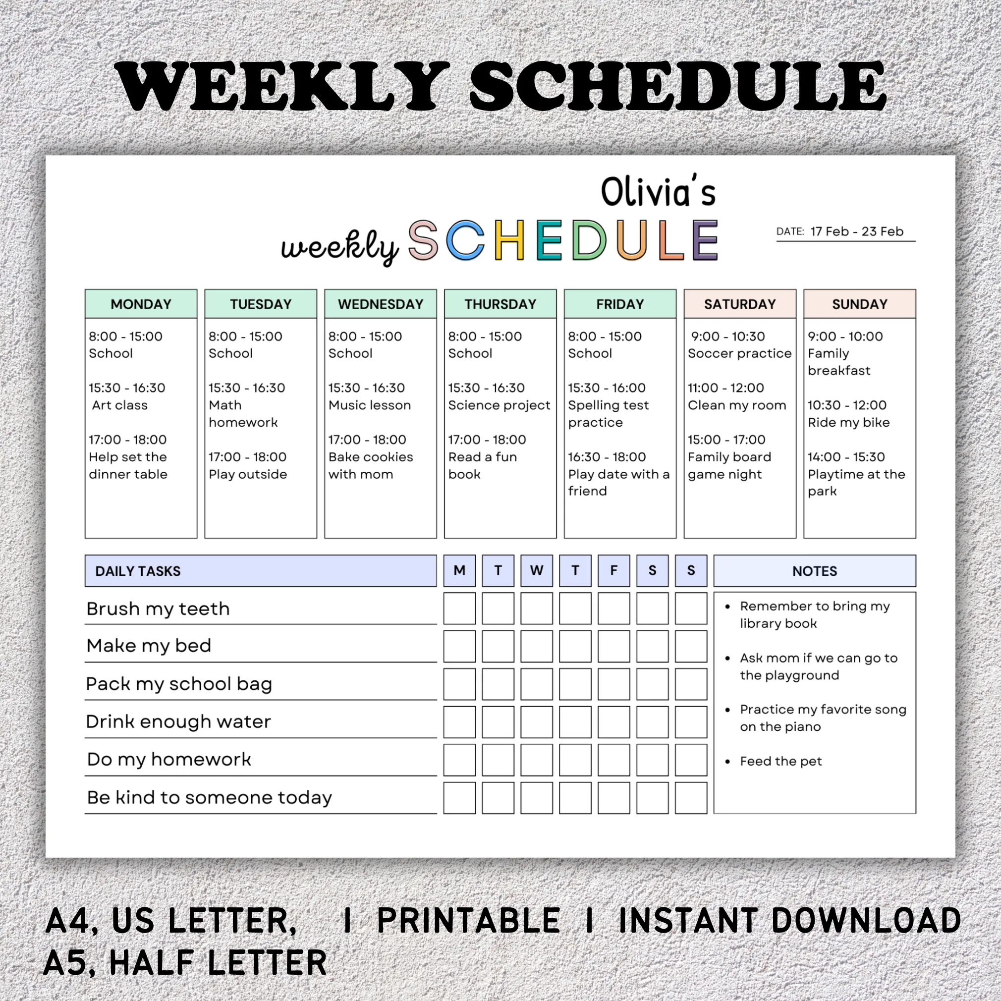 Editable Weekly Schedule for Kids