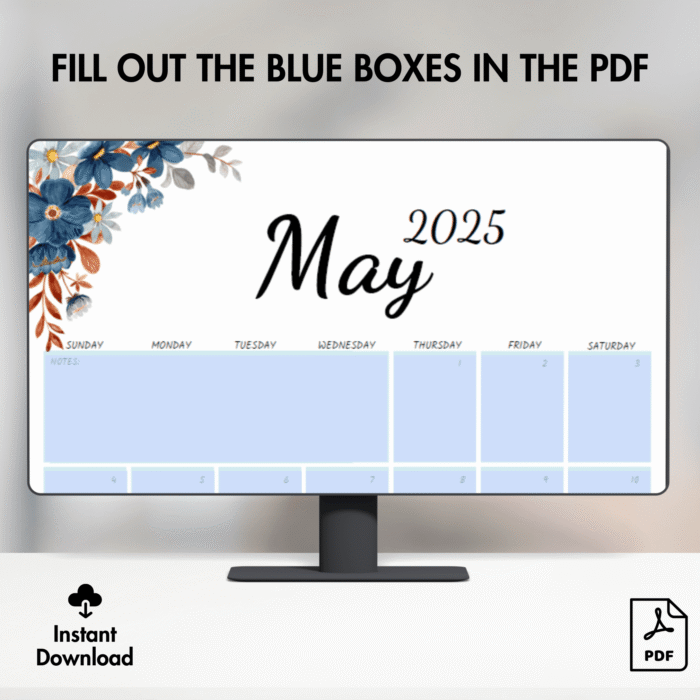 Printable May Calendar 2025 ? Elegant Blue & Rust Floral Design - Image 4